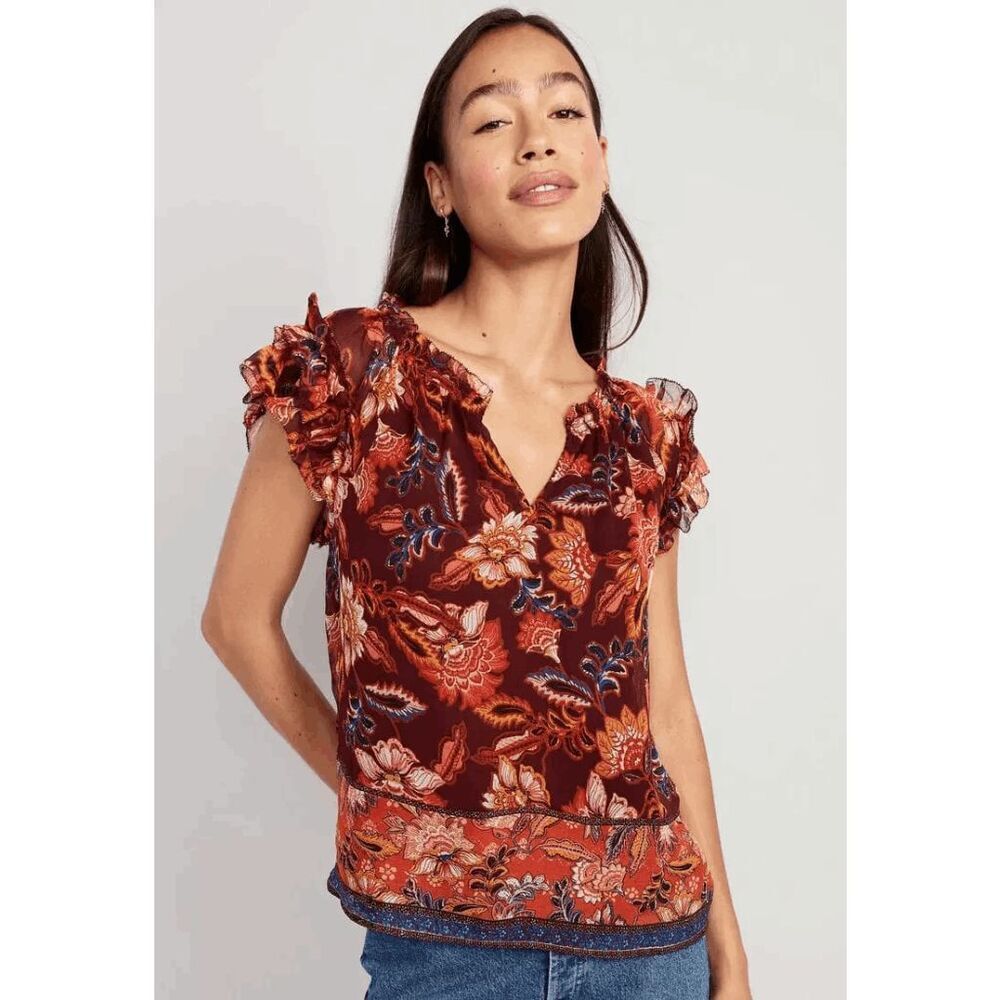 Old Navy Red Orange‎ Boho Paisley Floral Ruffle Sleeve Blouse Medium - Picture 7 of 8